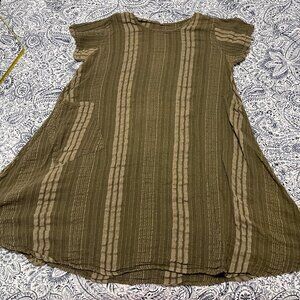 boho 100% cotton green /gold tunic dress/top - one pocket - size 'one size'